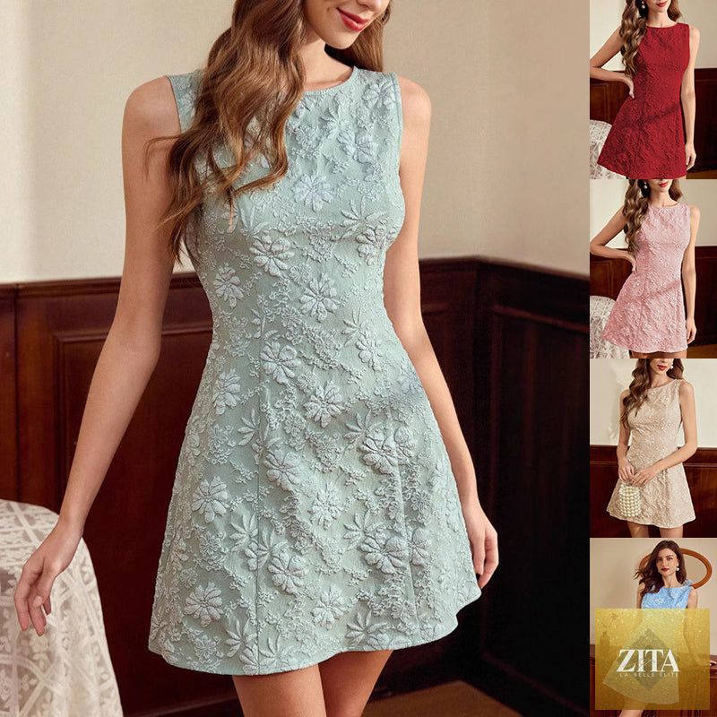 Women's Jacquard sleeveless midi dress by Zita La Belle Elite featuring a slim fit, minimalist French style with intricate pattern details.