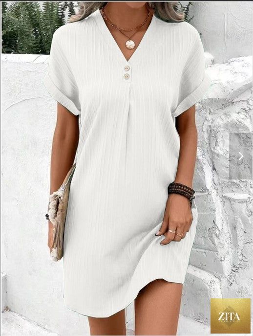FitiqueFit short sleeve button-front V-neck dress with solid casual shirt style, perfect for everyday wear.