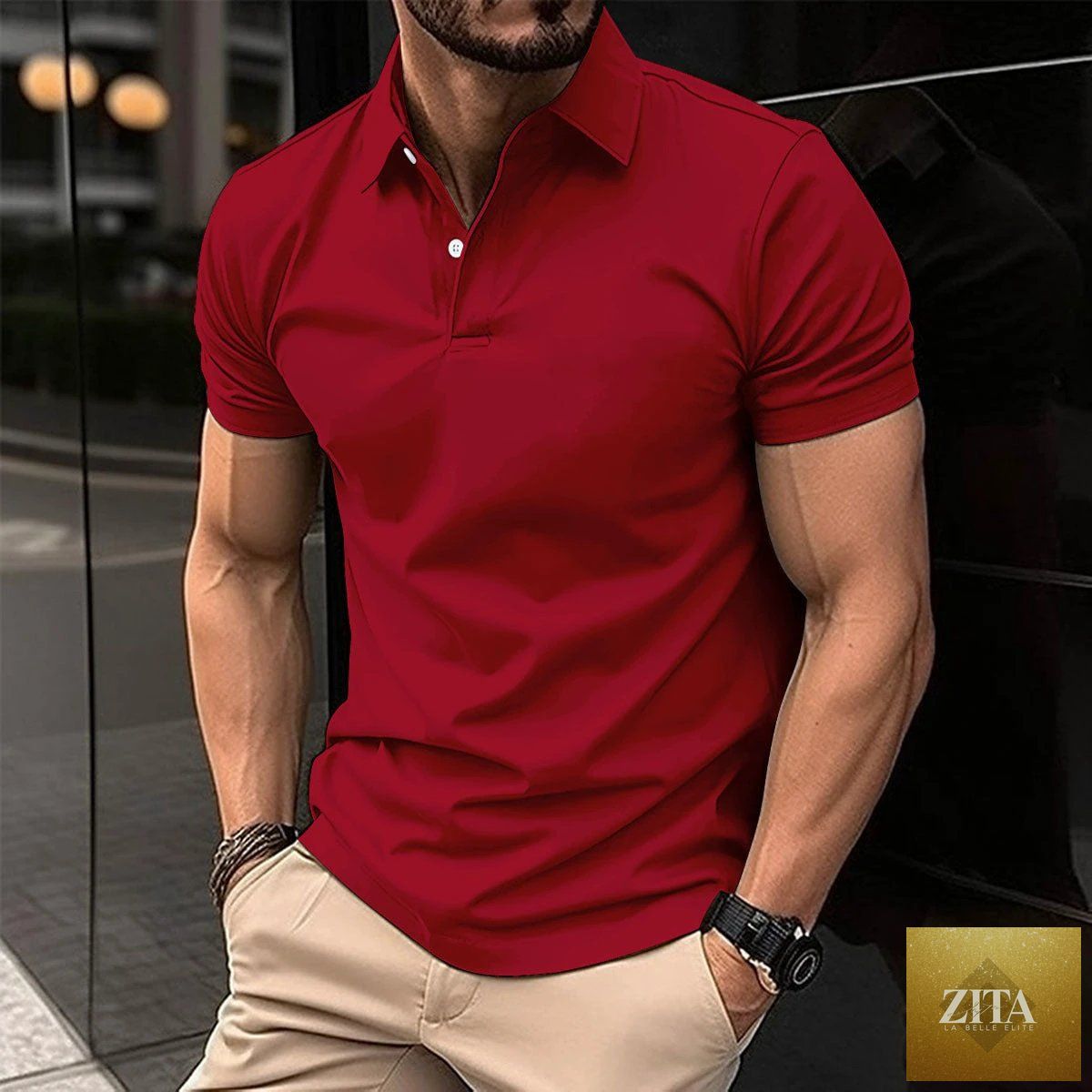 Mandotos men's summer short sleeve polo shirt with solid color, button lapel, and classic fit, displayed on a mannequin.