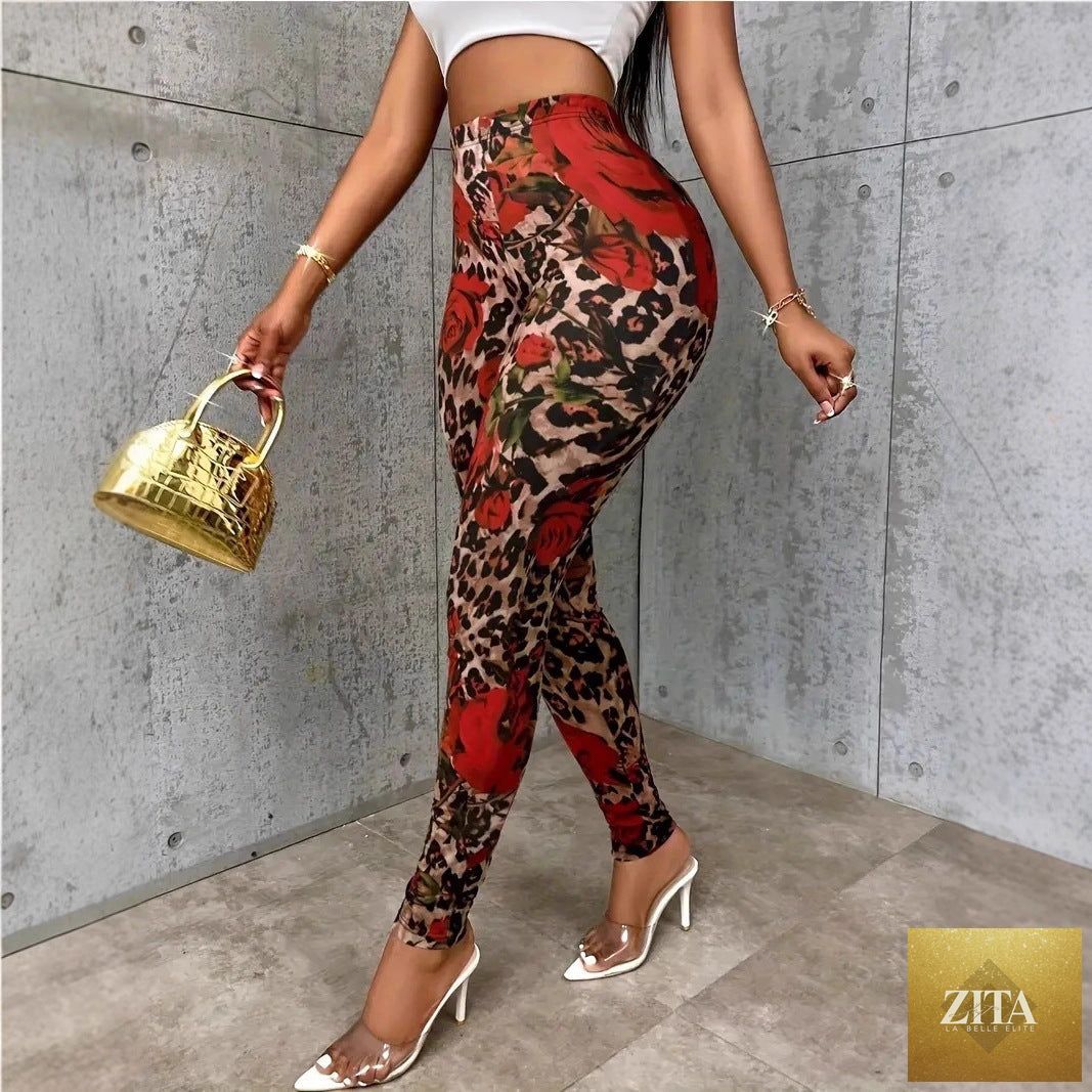 Womens Floral Print Stretchy Waist Leggings