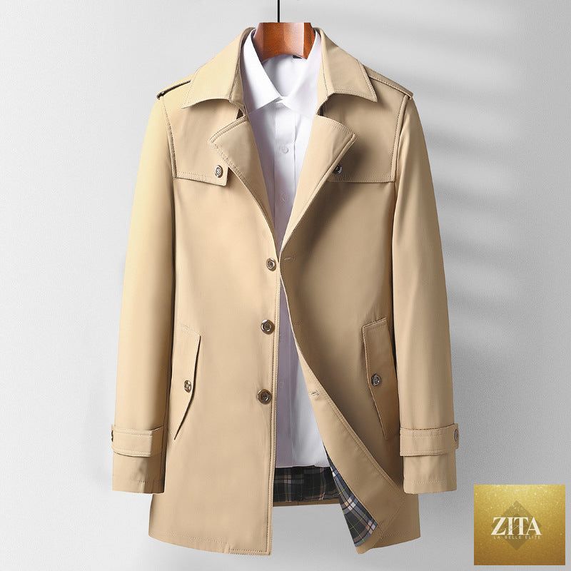 Mid-length beige trench coat with lapel collar, casual and versatile fashion for young and middle-aged women, stylish long coat.