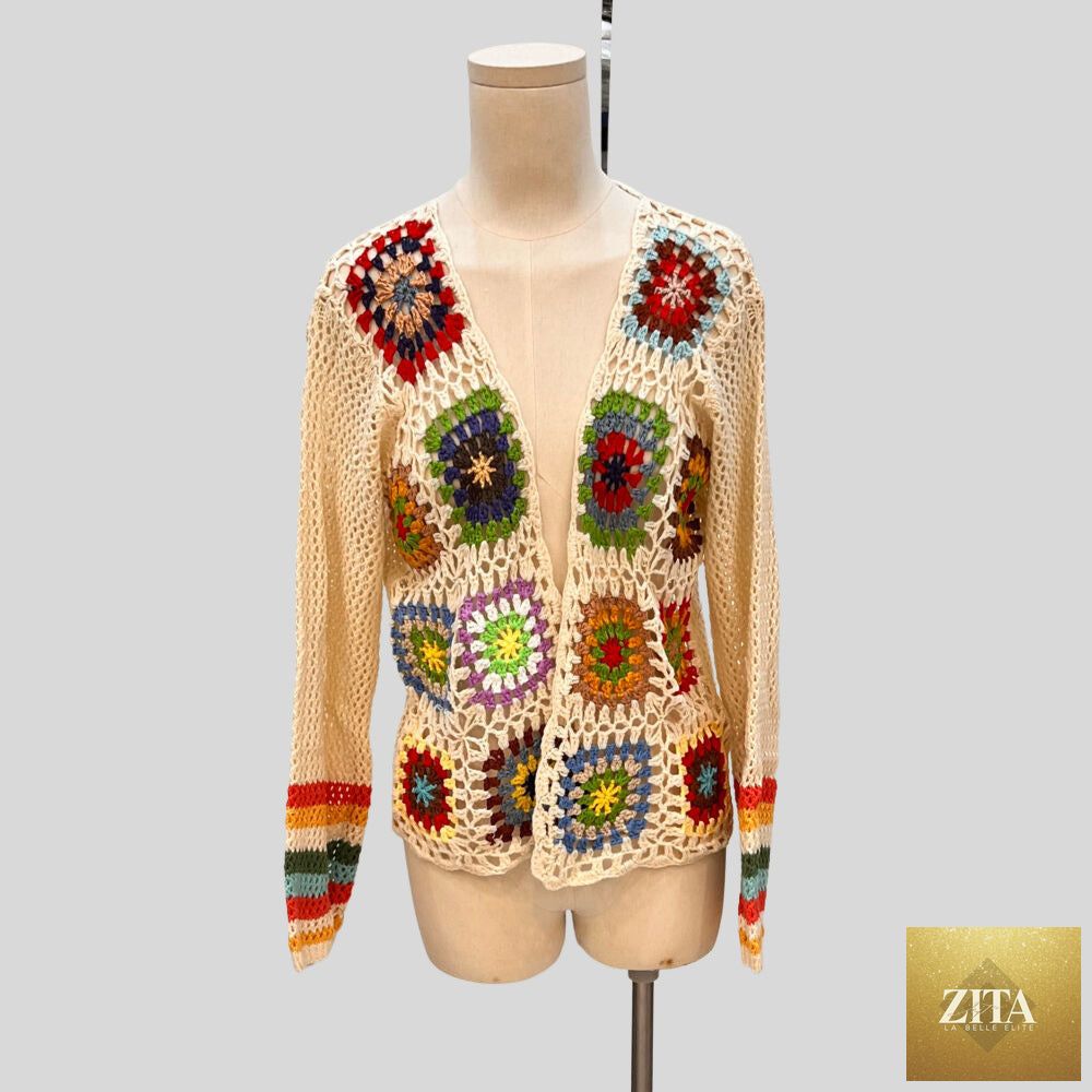 Hand-crocheted floral boho cardigan sweater by FitiqueFit, open-front knit top with colorful floral patterns for casual wear.