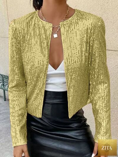 Elegant women’s full-size sequin cropped jacket with open front and glamorous sparkle, by Zita La Belle Elite for parties.