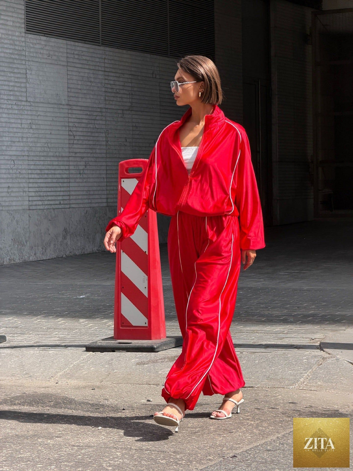 Women's Satin-Finish Zip Track Jacket & Wide-Leg Pants Set