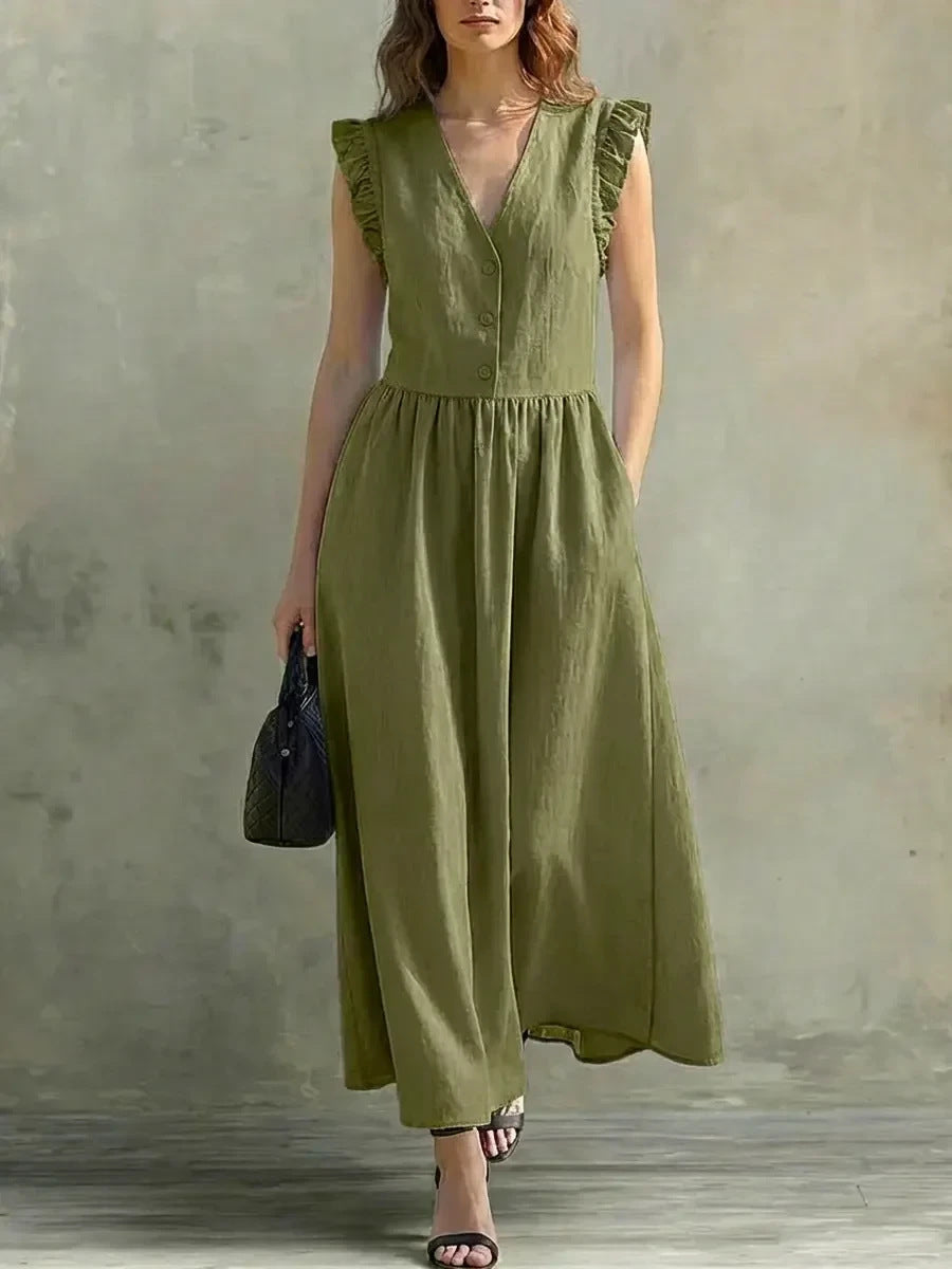 V-neck puff-sleeve casual cotton linen dress with pockets in seven colors by FitiqueFit, shown in a stylish, relaxed fit.