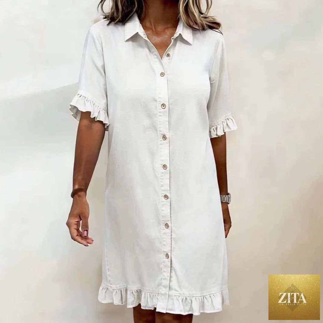 Women's faux denim ruffle-sleeve shirt dress by Zita La Belle Elite, casualwear with stylish ruffle sleeves and button-front design.