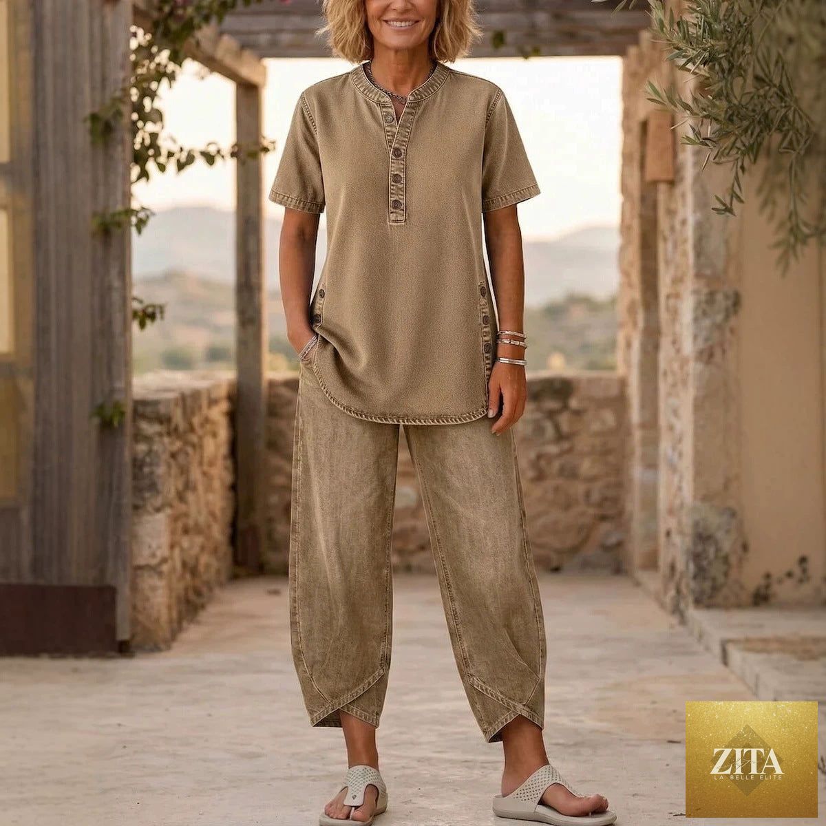 Zita La Belle Elite women's two-piece set with lapel button-up top and matching pants, featuring three-quarter sleeves.