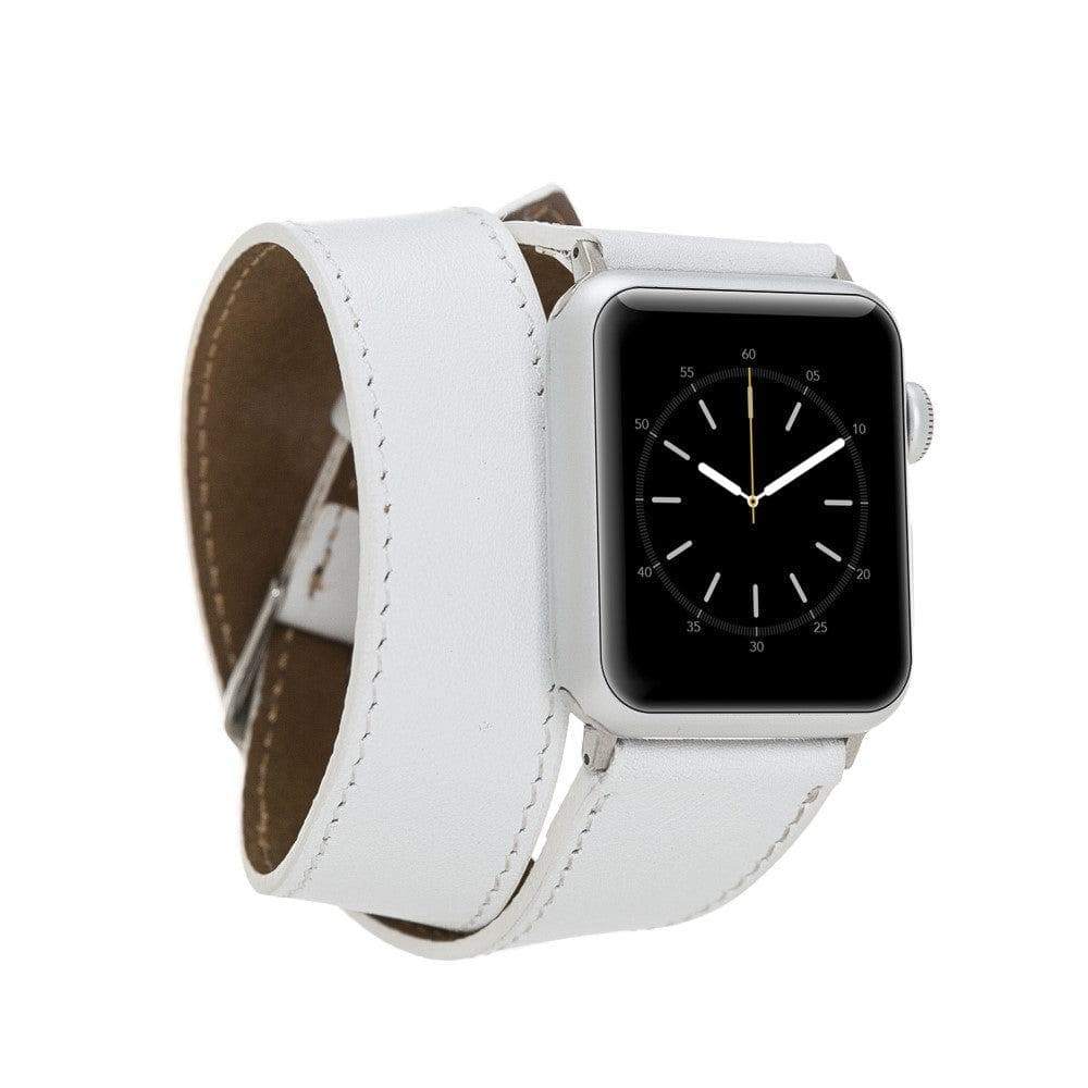 Luxury double wrap white leather Apple Watch band by LEATHERE, stylish and comfortable accessory for Apple Watch.