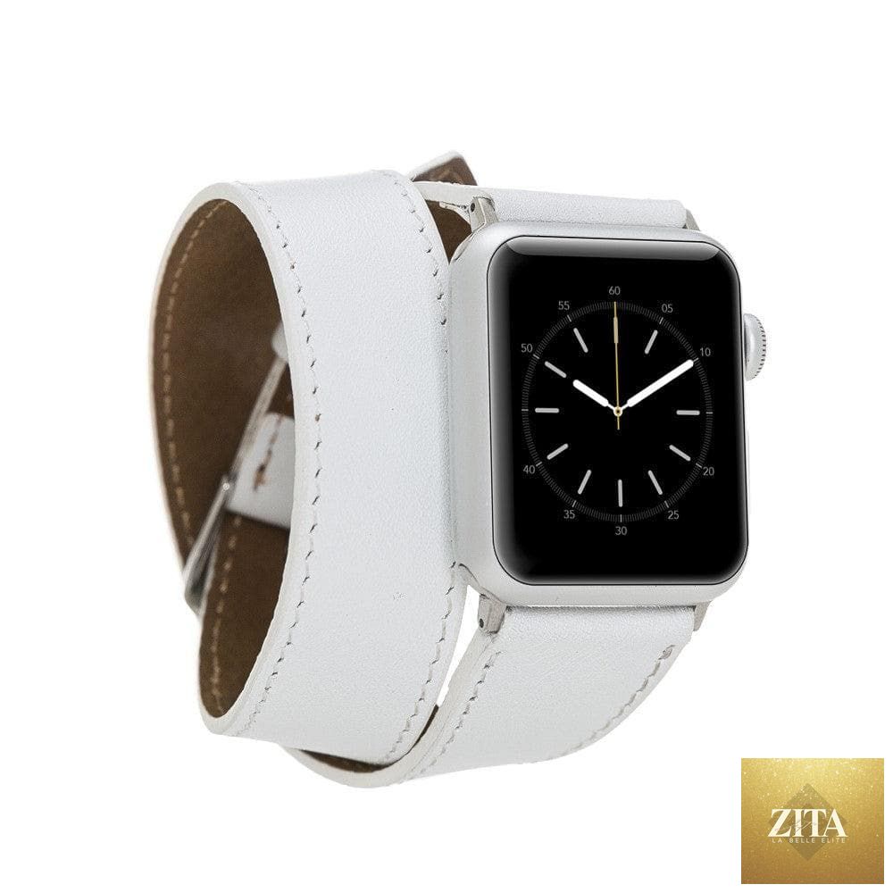 Luxury double wrap white leather Apple Watch band by LEATHERE, stylish and comfortable accessory for Apple Watch.