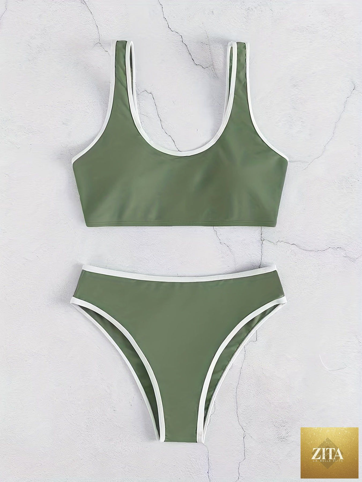Women’s bikini set with contrast trim, scallop edge detail, and matching swim briefs, perfect for beach and poolside summer days.