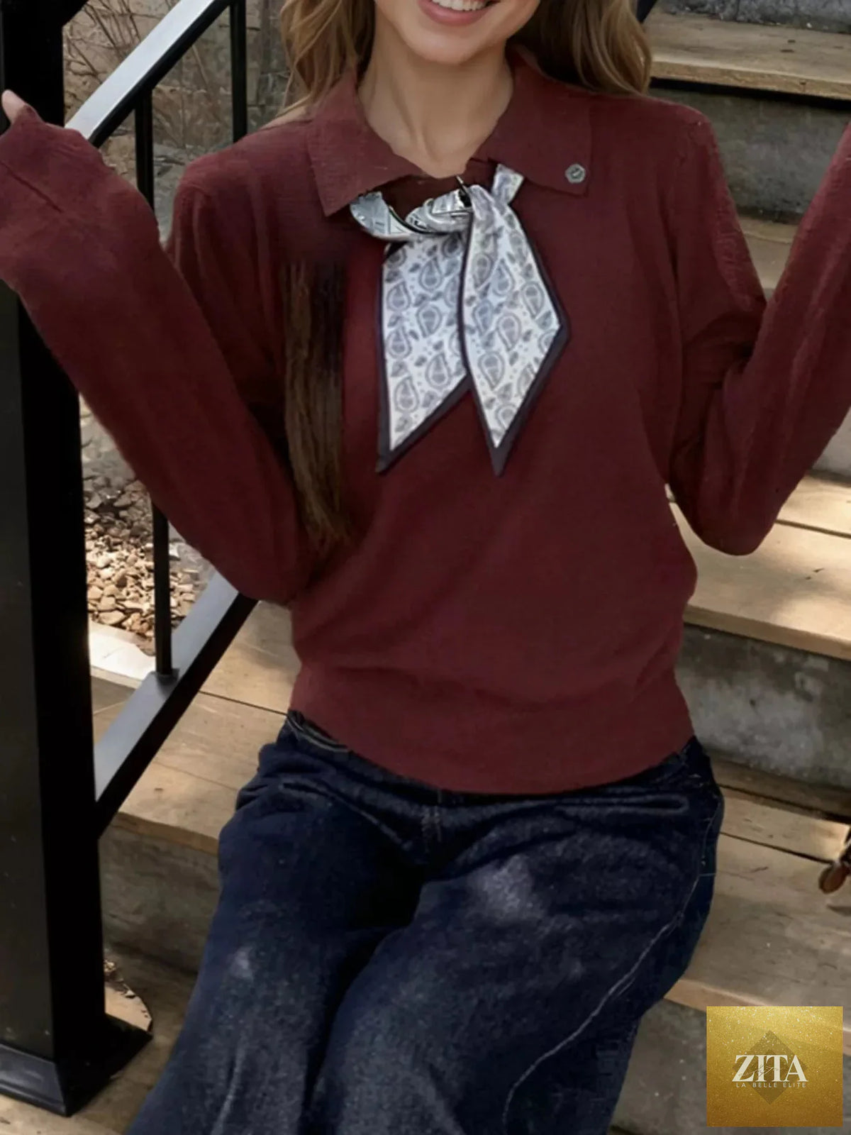 Scarf-Accented Long Sleeve Sweater