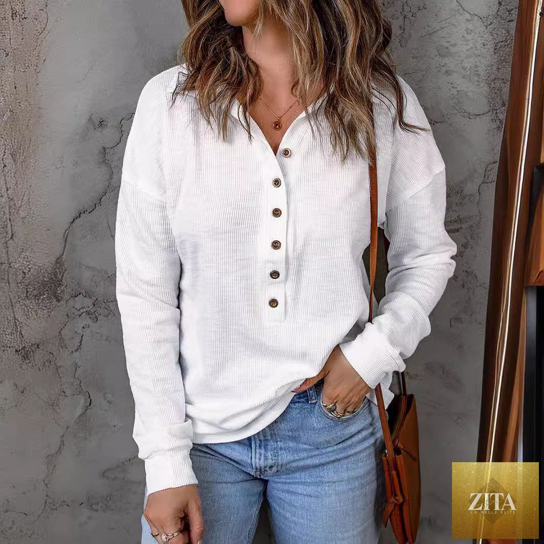 Women's loose fit long sleeve knit top with button detail, casualwear by Zita La Belle Elite, available in sizes S to 5XL.