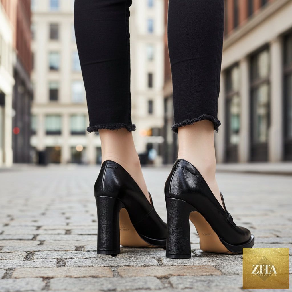Women's retro chunky heel pointed toe pumps by Zita La Belle Elite, slip-on office footwear with stylish vintage design.