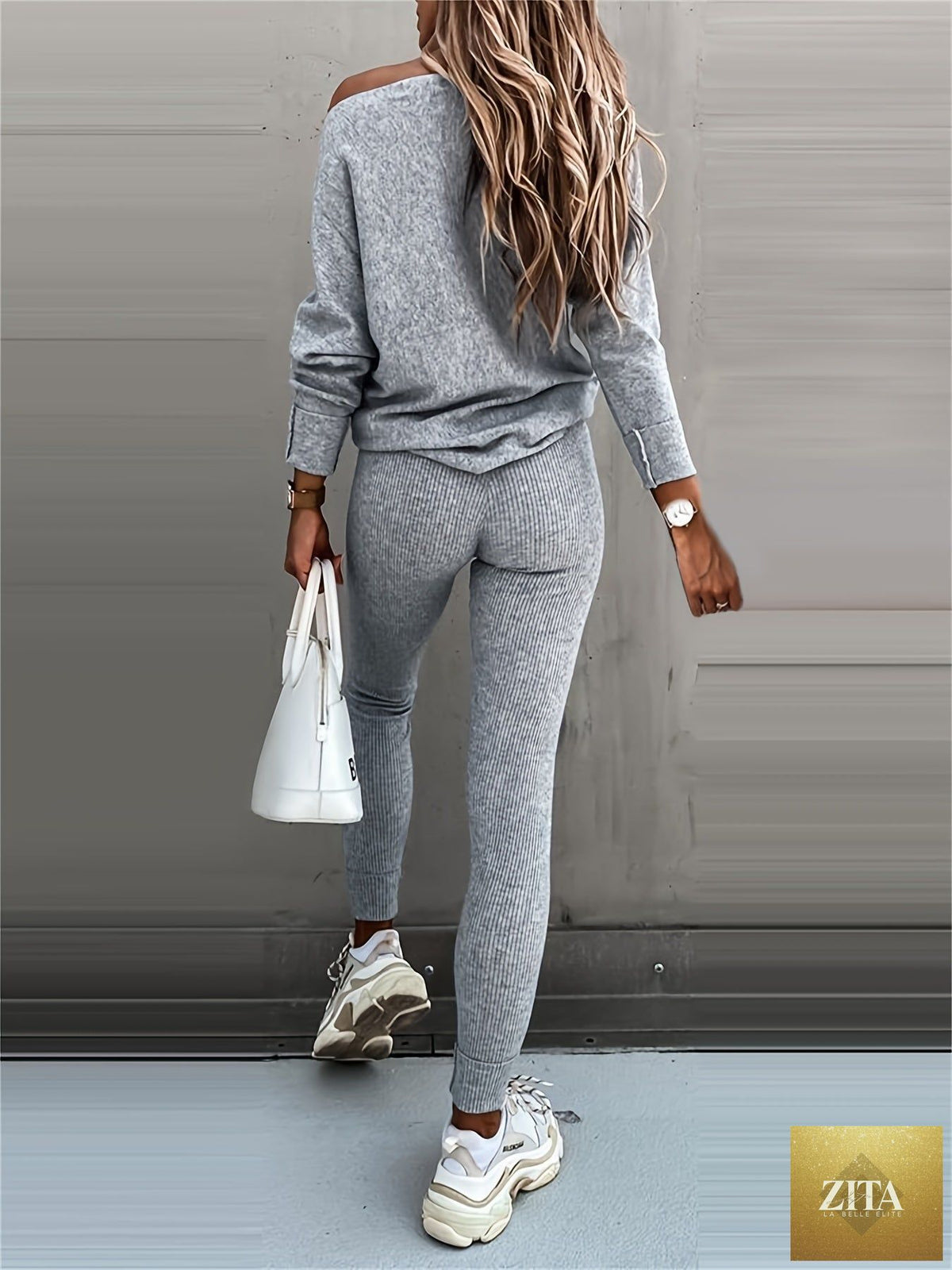 FitiqueFit long-sleeve pullover and high-waist drawstring pants two-piece set, casual athleisure outfit for women.