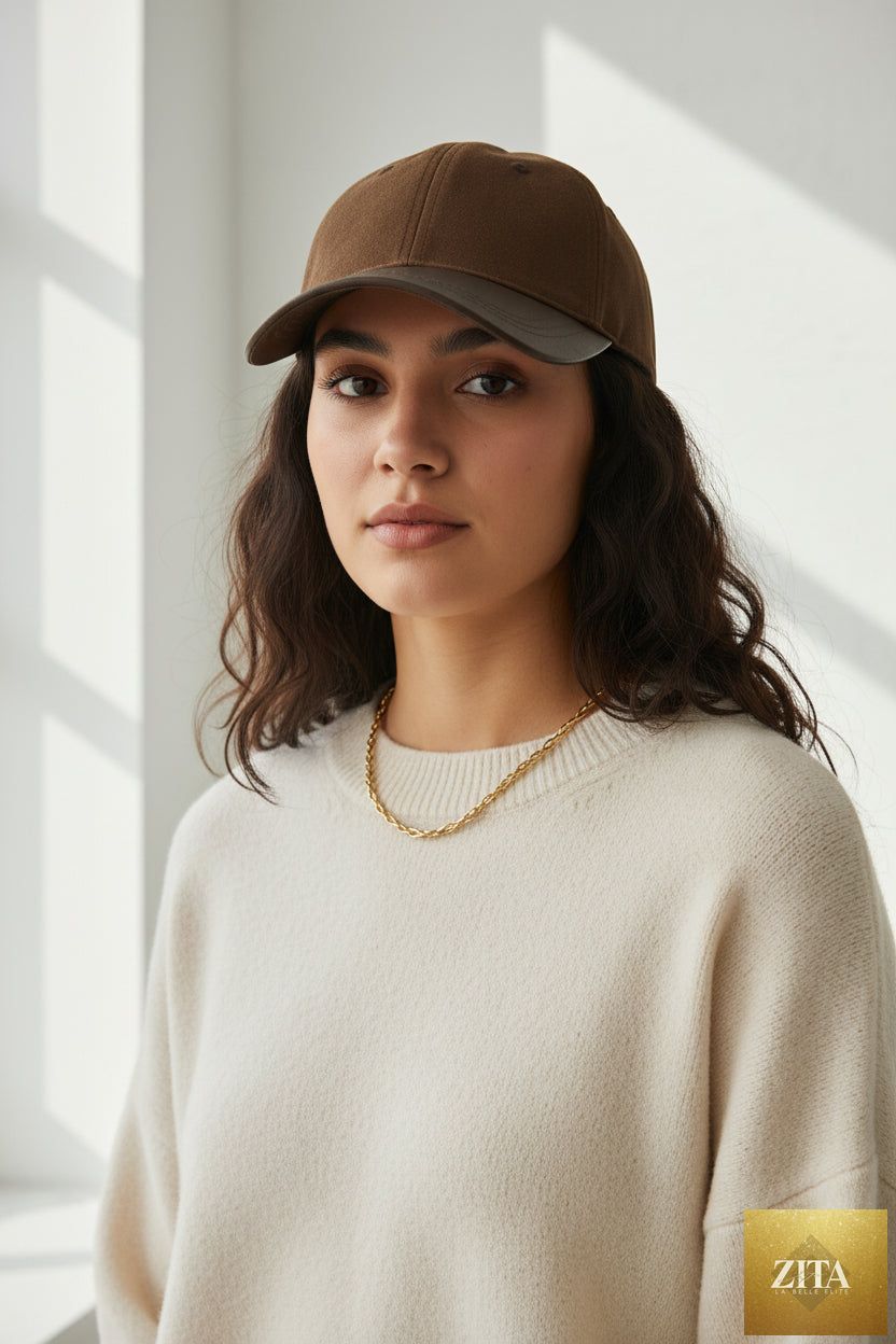 Women's retro suede patchwork baseball cap with leather brim and dome crown, stylish hat from FitiqueFit.