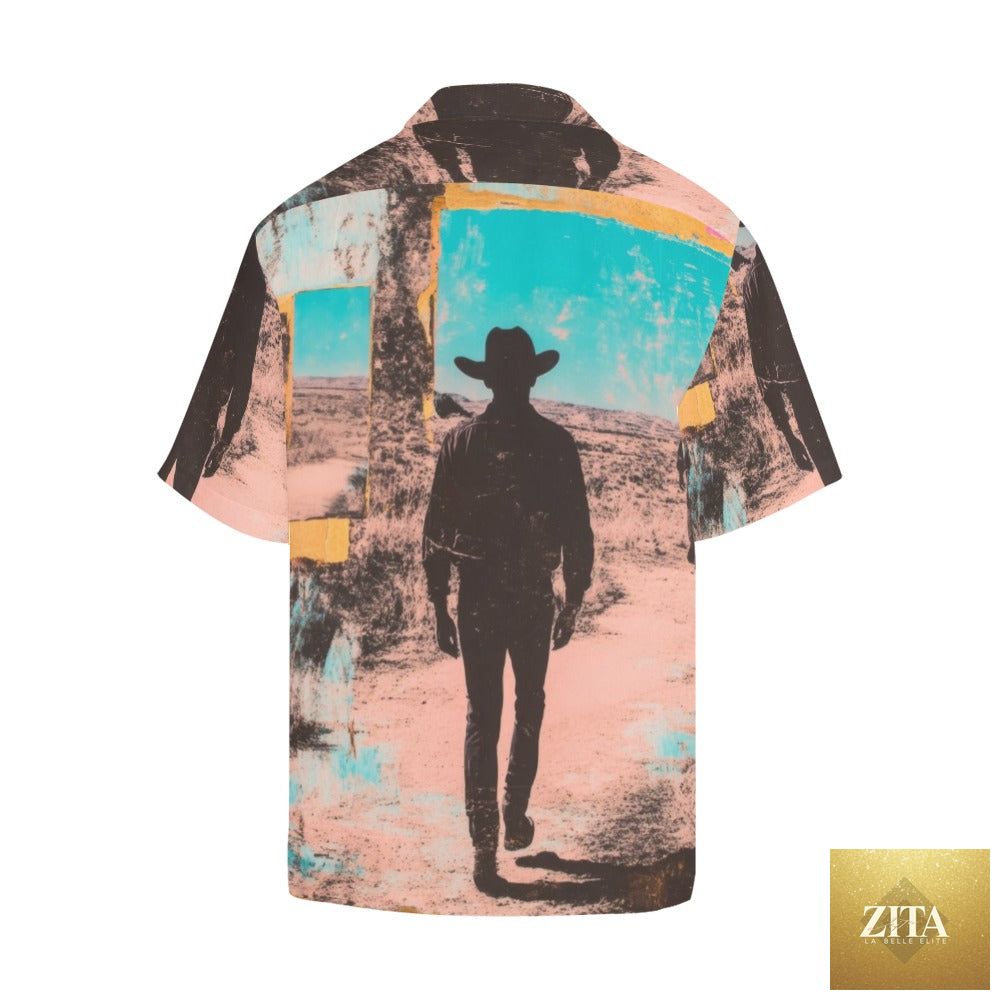 Retro Pop Western Mystery Cowboy men's camp shirt by Baha Ranch Western Wear with vintage-inspired southwestern design and button-up style.