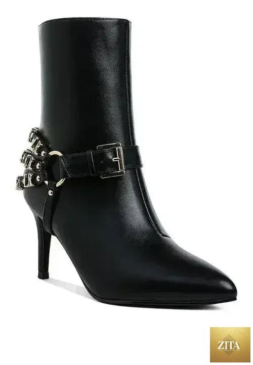 Femstylo buckle harness stiletto boots with 3-inch heels, stylish footwear featuring a bold harness design and sleek black finish.