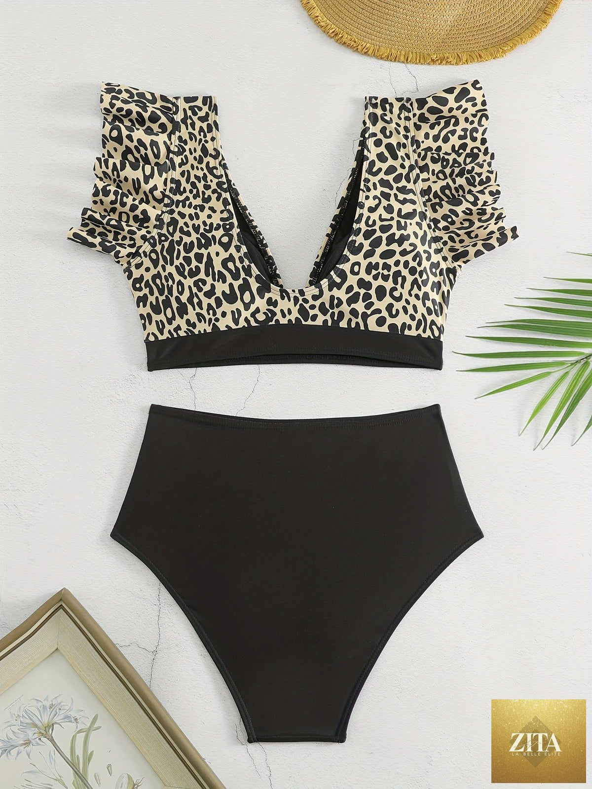 Black solid color bikini set with ruffle V-neck top and high-waisted bottoms, made of stretchy fabric for beach and poolside summer wear.