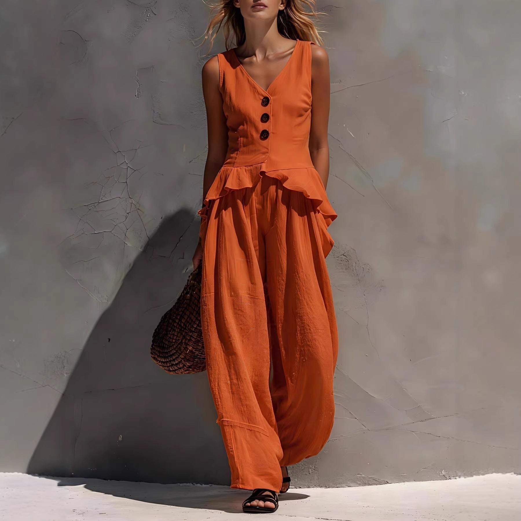 FitiqueFit ruffled tank top and draping wide-leg pants set in multiple colors, casualwear style, shown on a model.
