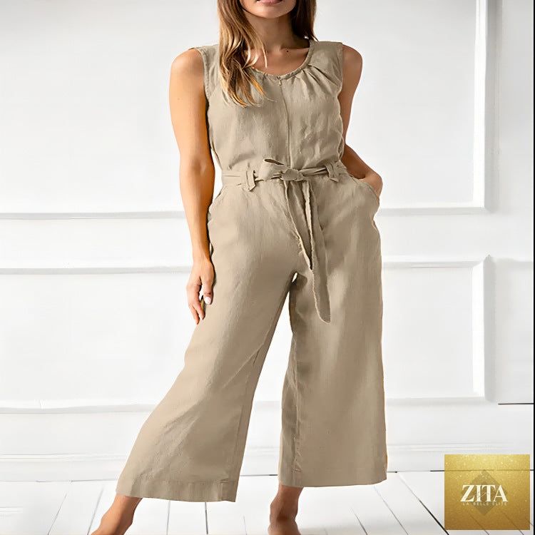 Women's solid-color mid-rise full-length cotton trousers by Zita La Belle Elite, shown as casualwear with a relaxed fit.