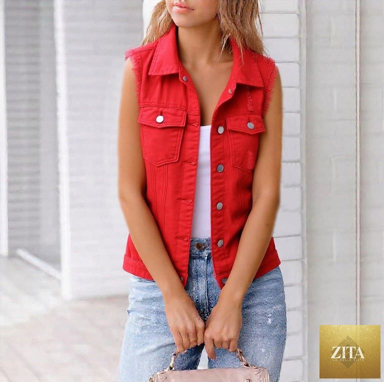 Women's colorful denim-style vest jacket by Zita La Belle Elite, casual spring and summer fashion, shown on a model.
