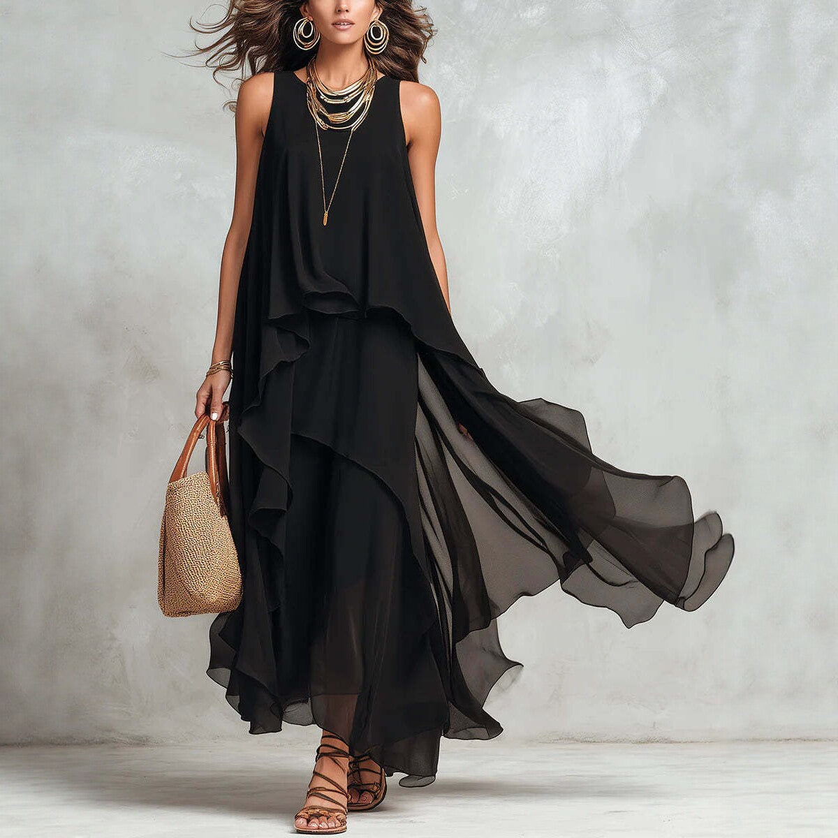 Black asymmetrical ruffle mesh chiffon sleeveless maxi dress by FitiqueFit, showcasing its flowing, elegant design in casualwear style.