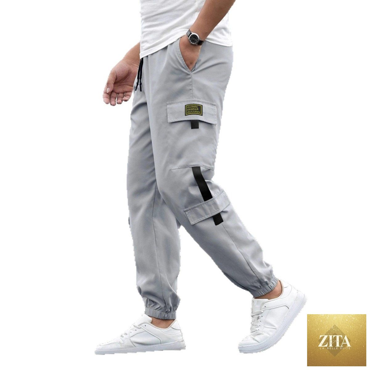 Mandotos men's retro jogger casual work pants in dark fabric, featuring an elastic waistband and relaxed fit.