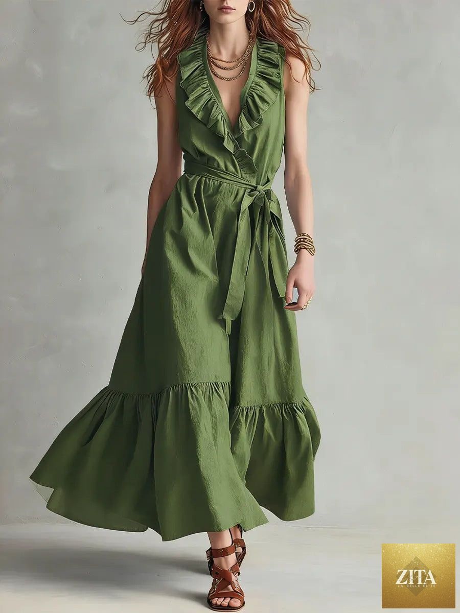 Women's V-neck sleeveless lace-up panelled maxi dress with wide flare, casualwear by FitiqueFit, shown in a flowing fabric design.