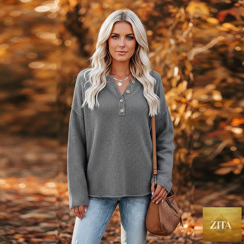 Zita La Belle Elite solid color V-neck knit sweater with relaxed, distressed fit, casualwear style, displayed on a mannequin.