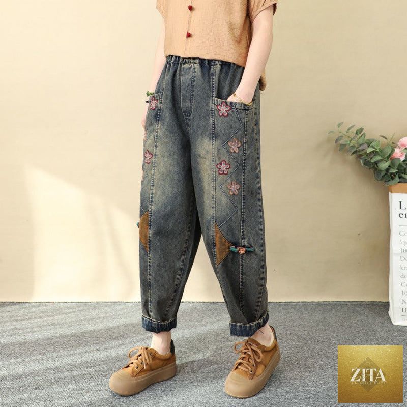 Women's patchwork embroidered cropped harem pants with wide-leg, high waist in denim, casualwear by Zita La Belle Elite.