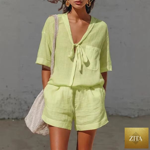 Zita La Belle Elite women's lace-up short-sleeve shirt and loose shorts summer set, casual and stylish for warm weather.
