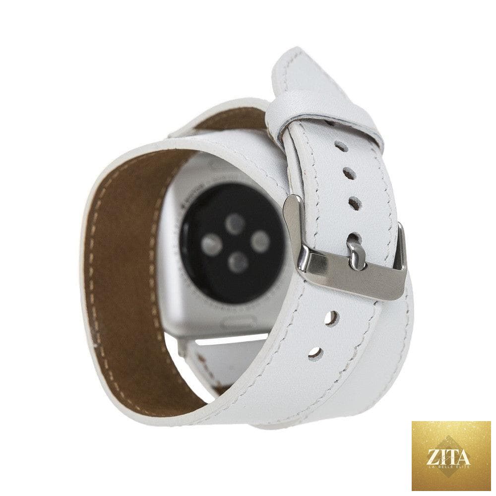 Luxury white leather double wrap Apple Watch band by LEATHERE, showing the soft textured leather and secure clasp.
