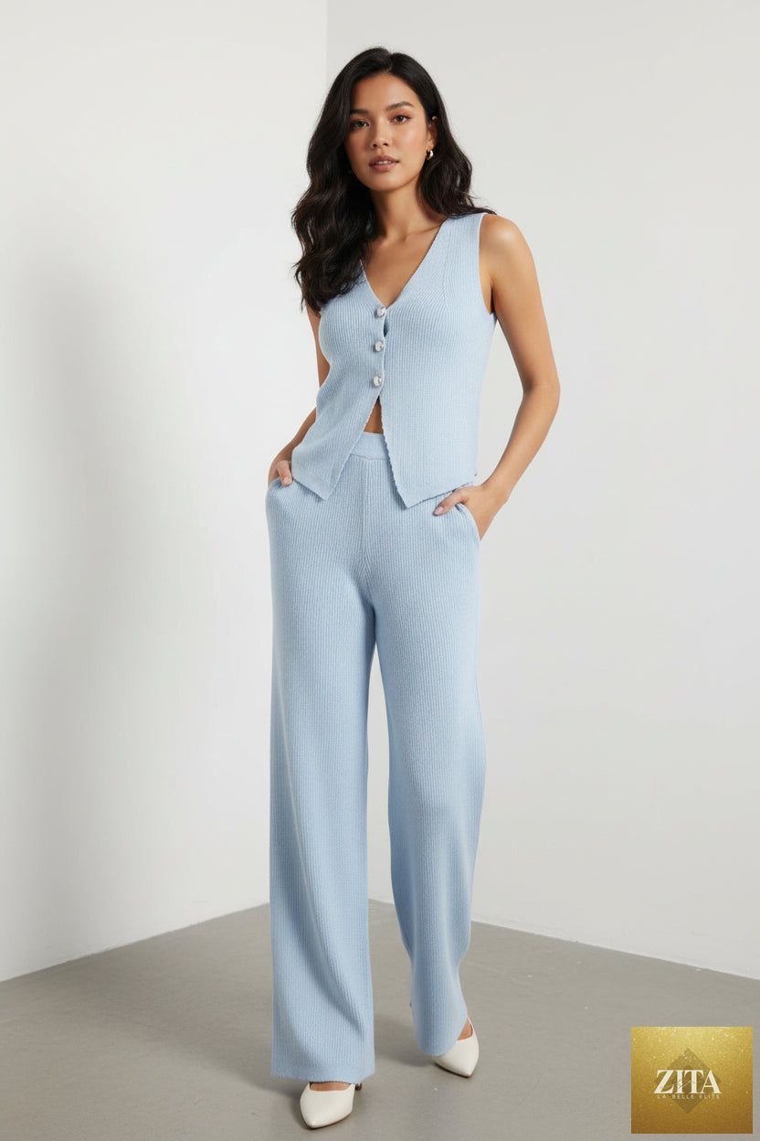 Casualwear FitiqueFit beach bohemian wide-leg pants set with sleeveless top, lightweight and relaxed for summer or vacation wear.