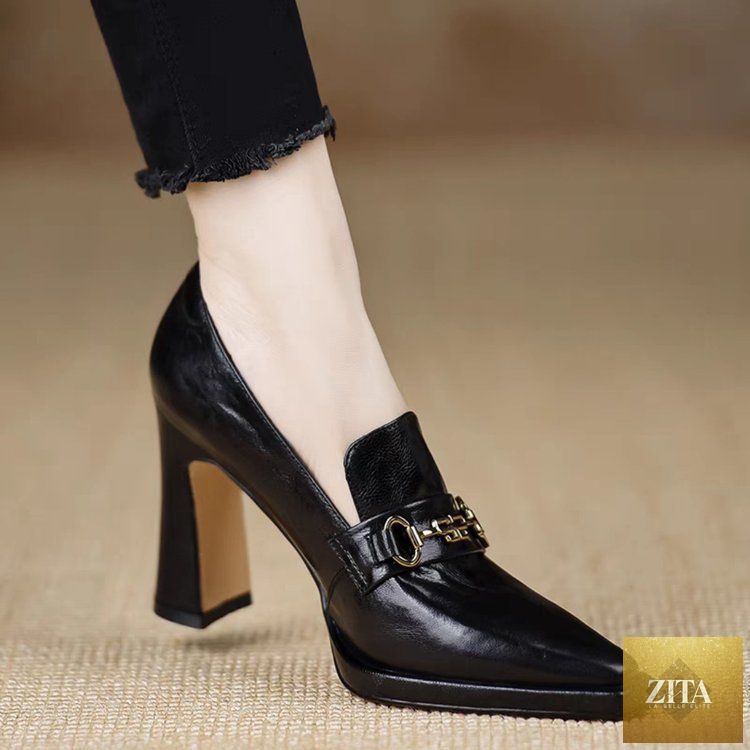 Zita La Belle Elite women's retro chunky heel pointed toe pumps in black slip-on office footwear with stylish design