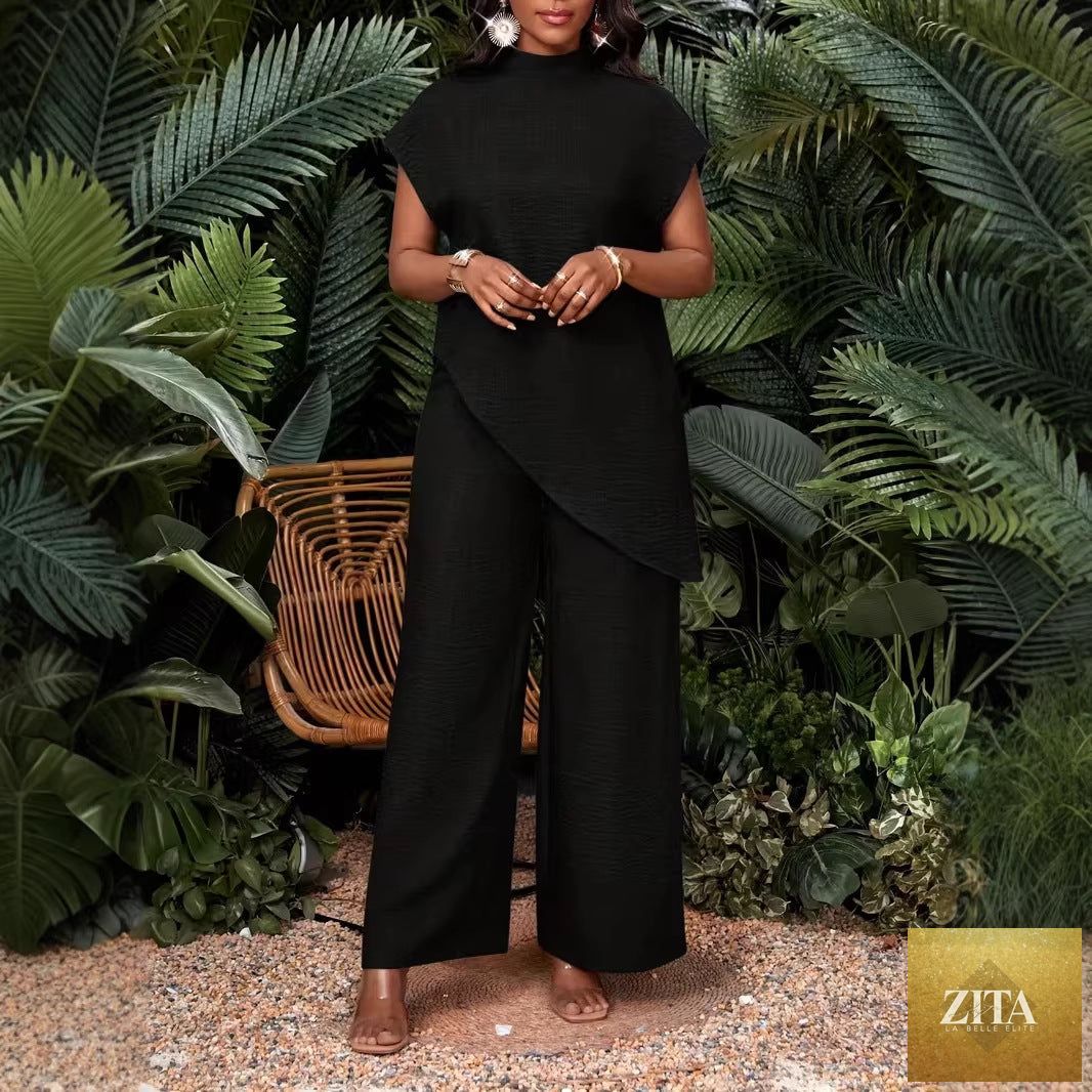 Asymmetrical sleeveless top and pants set for women by FitiqueFit, featuring a stylish two-piece outfit with modern design.
