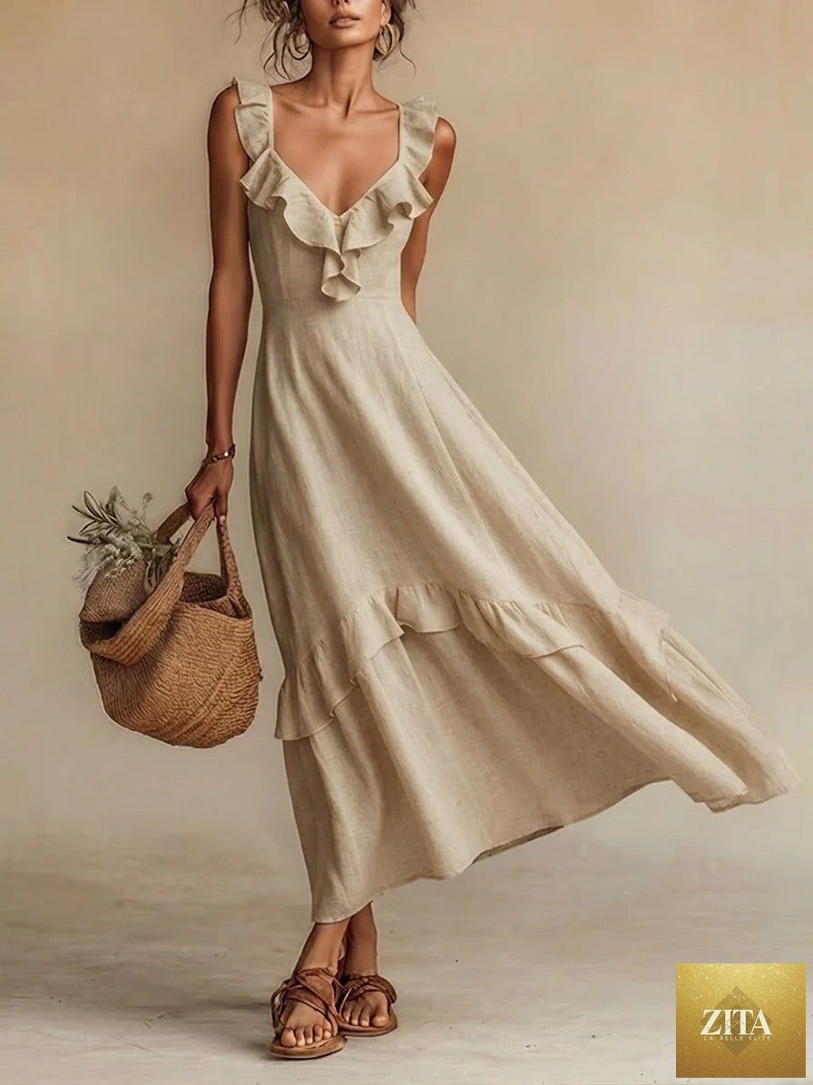 Sleeveless ruffle detail high-waist maxi dress by FitiqueFit in various colors, featuring a casual sleeveless design and flowy silhouette.