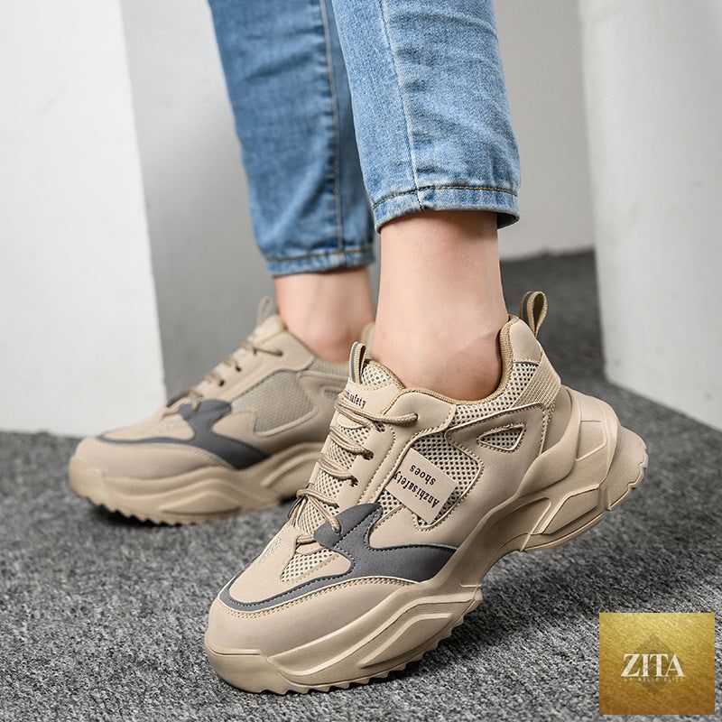 Women's lightweight breathable anti-smash safety work shoes by FitiqueFit, showing sporty design and protective toe cap in a close-up image.