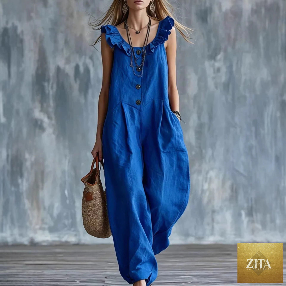 Women's sleeveless button-down tank jumpsuit in casualwear style by FitiqueFit, featuring a relaxed fit and front buttons.