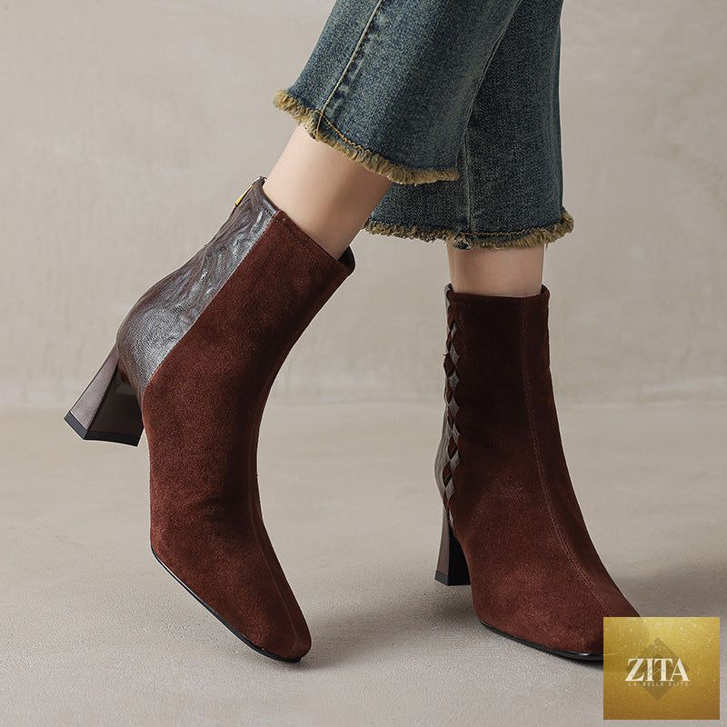 Women's sheepskin square toe ankle boots with chunky heels in Korean patchwork style by Zita La Belle Elite.