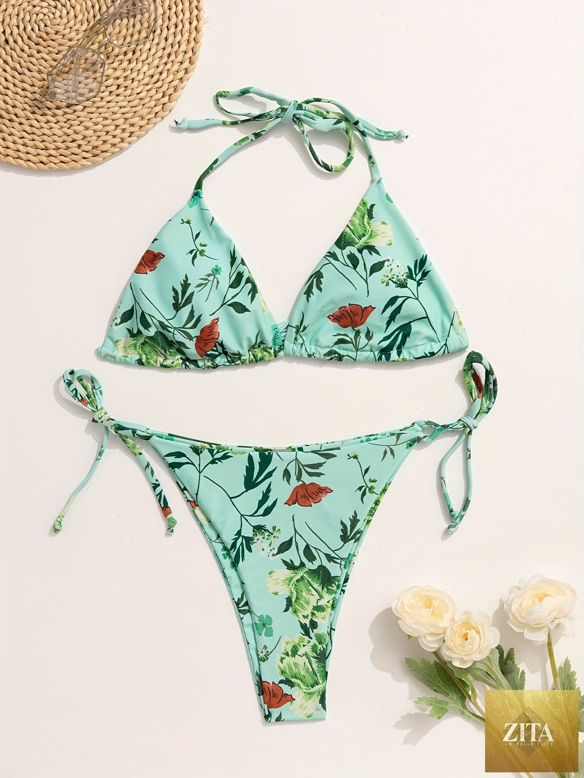 Stevvex European style floral print 3-piece bikini set with V-neck, cross straps, and matching long sleeve cover-up for women.