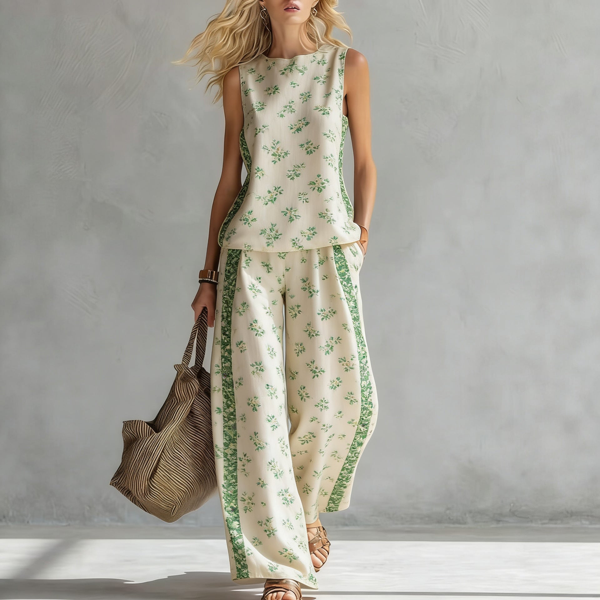 Women's sleeveless printed tank top and wide-leg pants two-piece casualwear set by FitiqueFit, featuring vibrant patterns and comfortable fit.