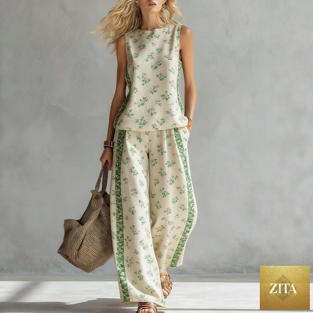 Zita La Belle Elite women's sleeveless printed tank top and wide-leg pants two-piece casualwear set, with colorful floral patterns.