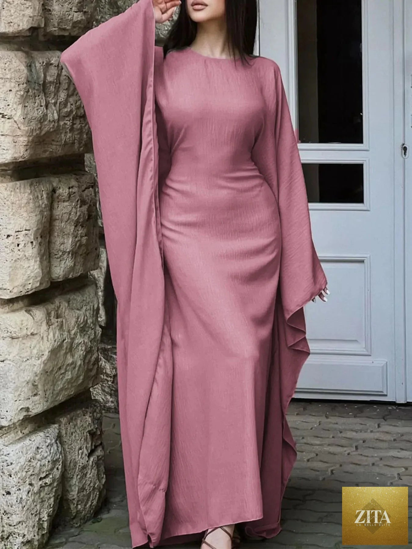 Shopiebay round neck maxi dress with flowing cape sleeves, elegant and comfortable, perfect for formal or casual occasions.