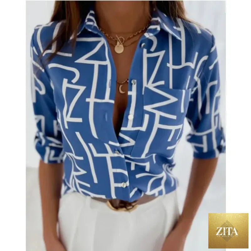 Women’s printed long-sleeve lapel shirt by FitiqueFit, casual elegant blouse with a stylish pattern and collar detail.