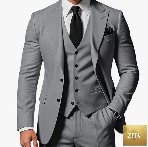 Mandotos men's three-piece business suit, tailored fit with jacket, vest, and matching trousers, ideal for professional attire.
