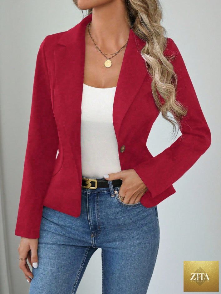 Women's slim fit solid color blazer by FitiqueFit, French style long sleeve jacket, front view showing tailored design and lapel details.