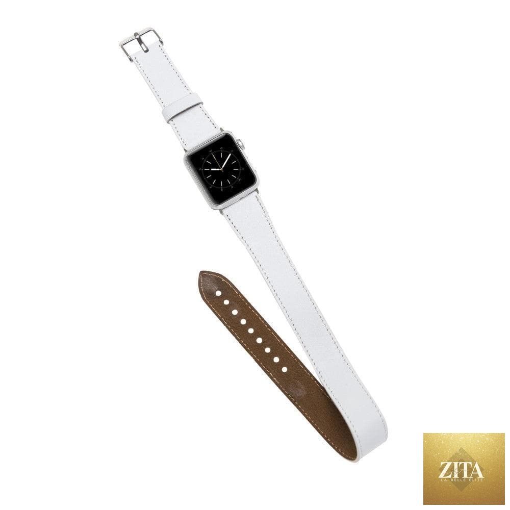 Luxury white leather double wrap Apple Watch band by LEATHERE, featuring a stylish and comfortable design for Apple Watch models.