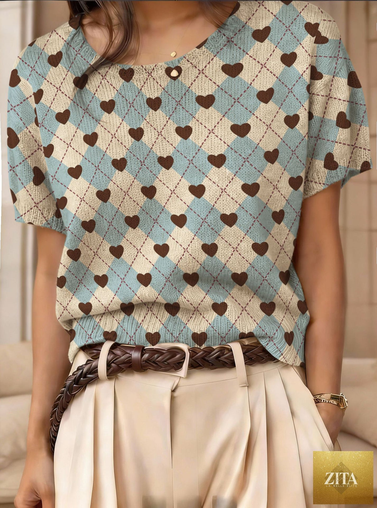 Women's retro short-sleeve jacquard knit top from Zita La Belle Elite, featuring a textured pattern and casual style.
