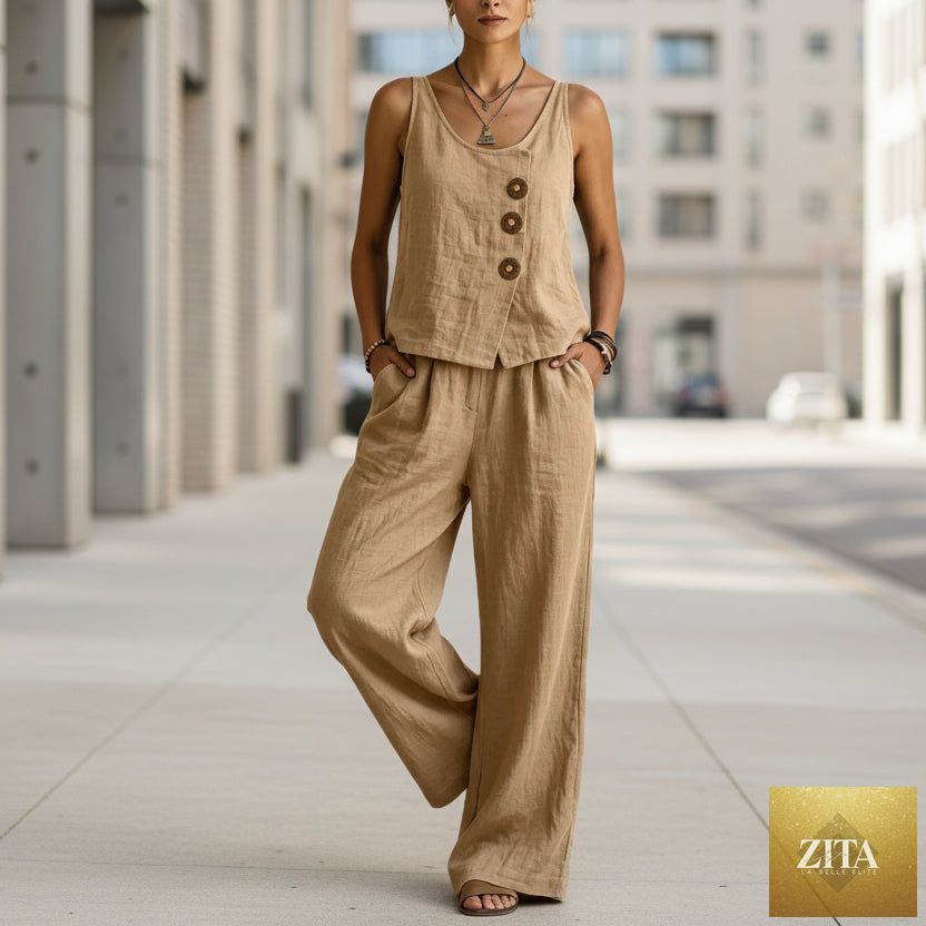 Women's cotton linen sleeveless tank top and pants two-piece casualwear set by Zita La Belle Elite, shown in natural fabric and relaxed fit.