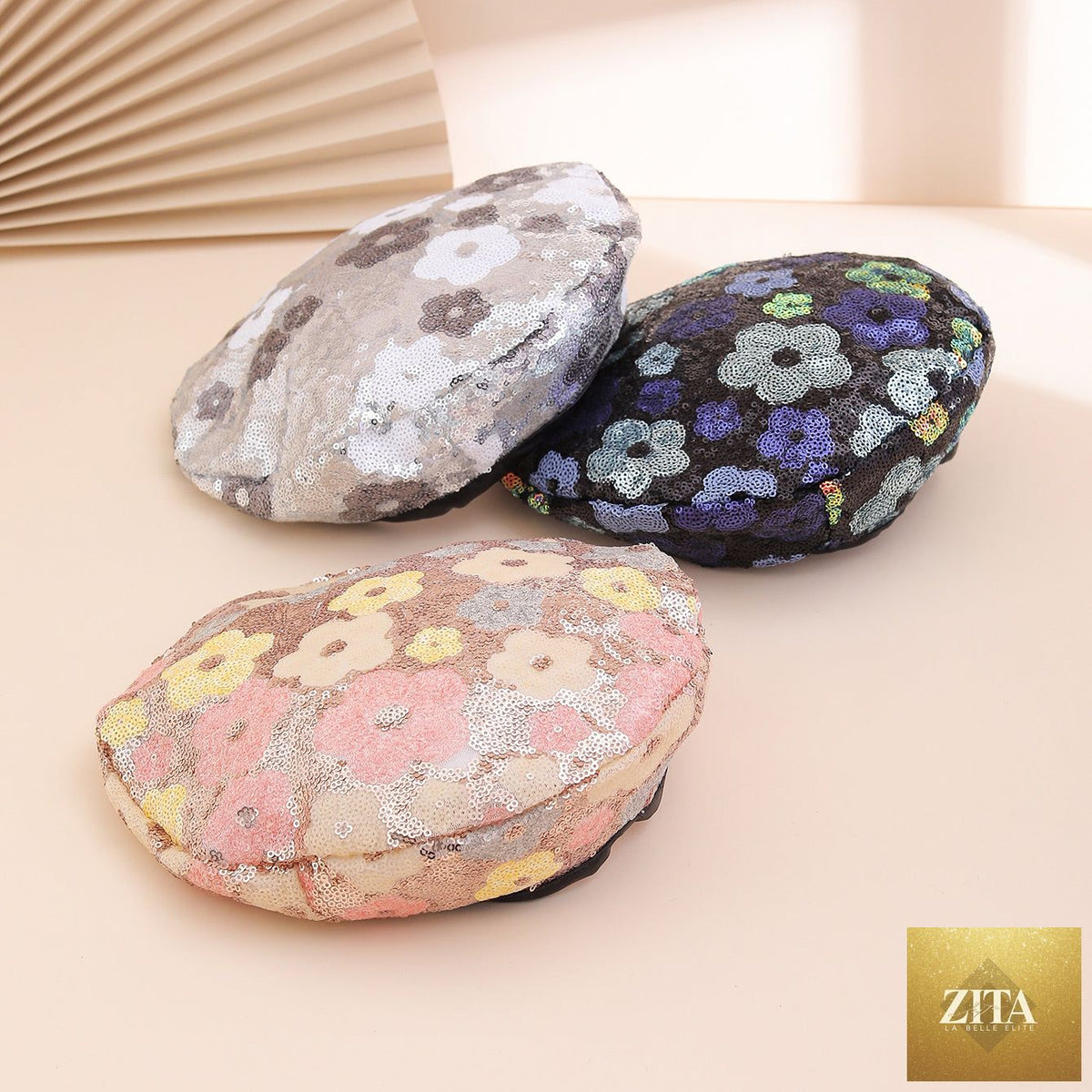 Zita La Belle Elite sequin flower beret, trendy painter's hat for women, with colorful sequins and floral embellishments.